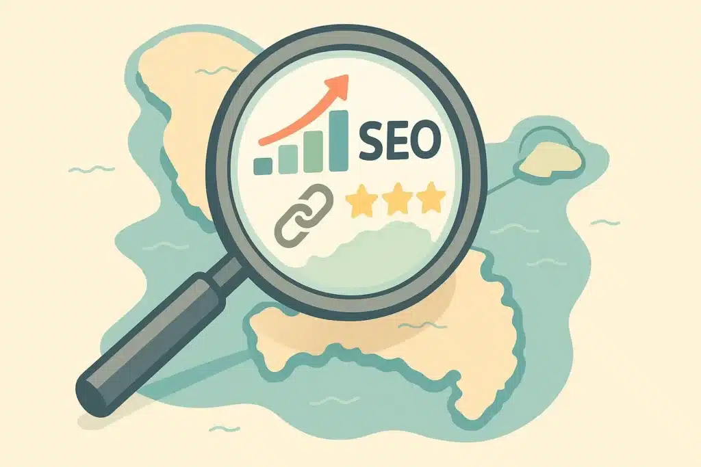 SEO en Martinique : Le Guide Essentiel pour Dominer les Recherches Locales en 2025 6 Illustration d'une loupe analysant la carte de la Martinique avec des icônes SEO pour le référencement web Martinique.