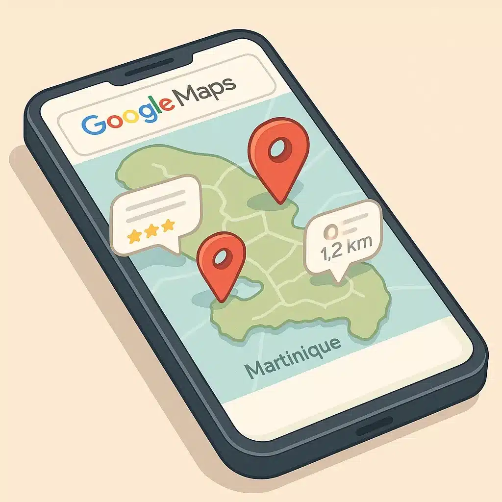 Interface de Google Maps affichant des entreprises locales en Martinique avec des épingles et des fiches d'information.