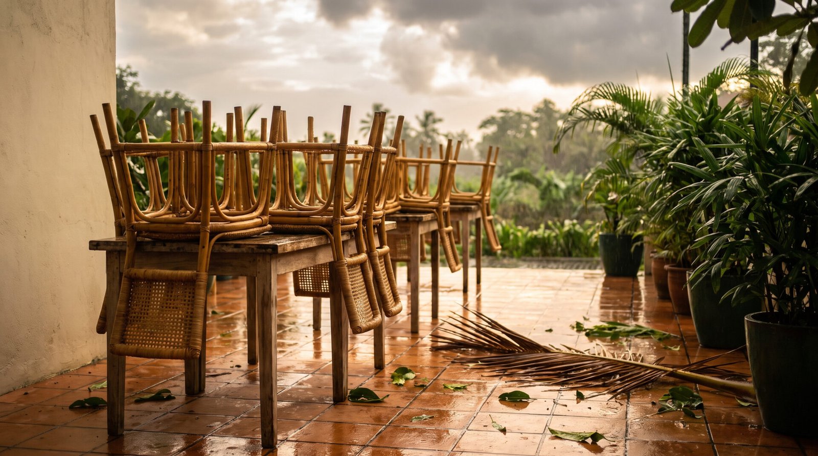 Saison cyclonique : ce qu'il faut préparer côté numérique avant l'alerte orange 2 Terrasse d'un café tropical au lendemain de fortes pluies, chaises empilées sur les tables, carrelage mouillé et palme tombée au sol