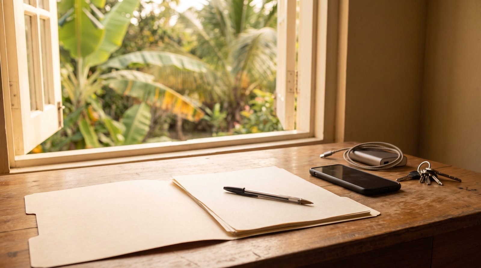 Saison cyclonique : ce qu'il faut préparer côté numérique avant l'alerte orange 3 Chemise cartonnée ouverte avec des feuilles vierges, stylo, téléphone, batterie externe et trousseau de clés sur un bureau devant une fenêtre tropicale