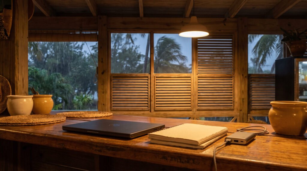 Comptoir en bois d'un restaurant guadeloupéen avant une tempête, volets à persiennes entrouverts, ordinateur portable fermé, carnet et batterie externe