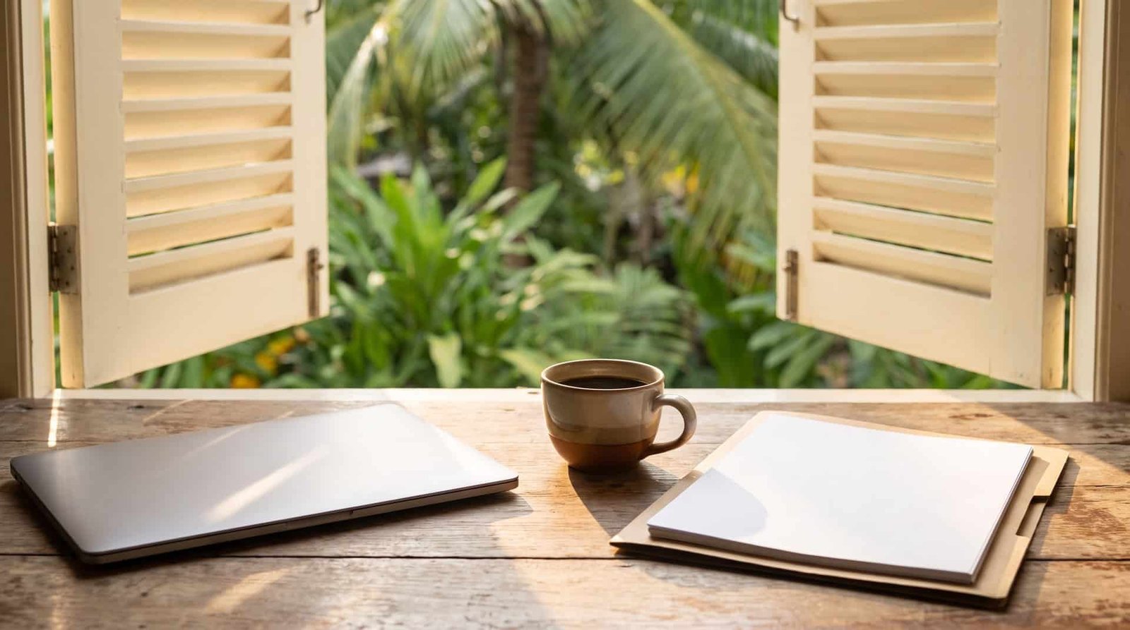 Bureau en bois devant une fenêtre à persiennes ouverte sur un jardin tropical, avec un ordinateur portable fermé, un café et un dossier de documents