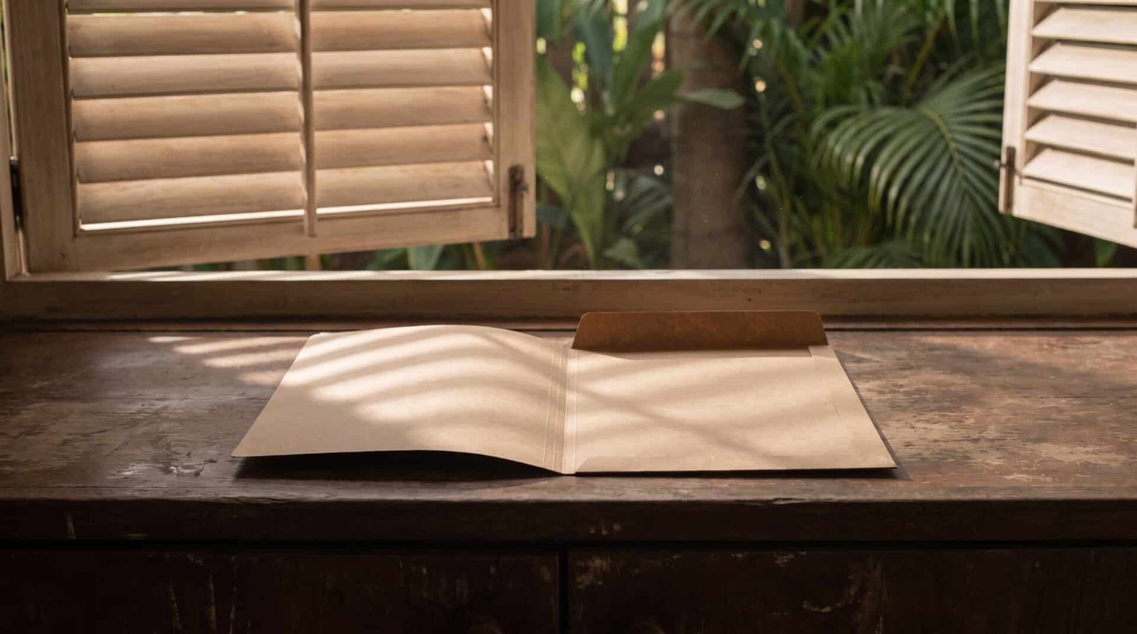 Aides à la numérisation en Guadeloupe, Martinique, Guyane 2 Chemise kraft ouverte et vide sur un comptoir en bois, feuillage tropical derrière la fenêtre