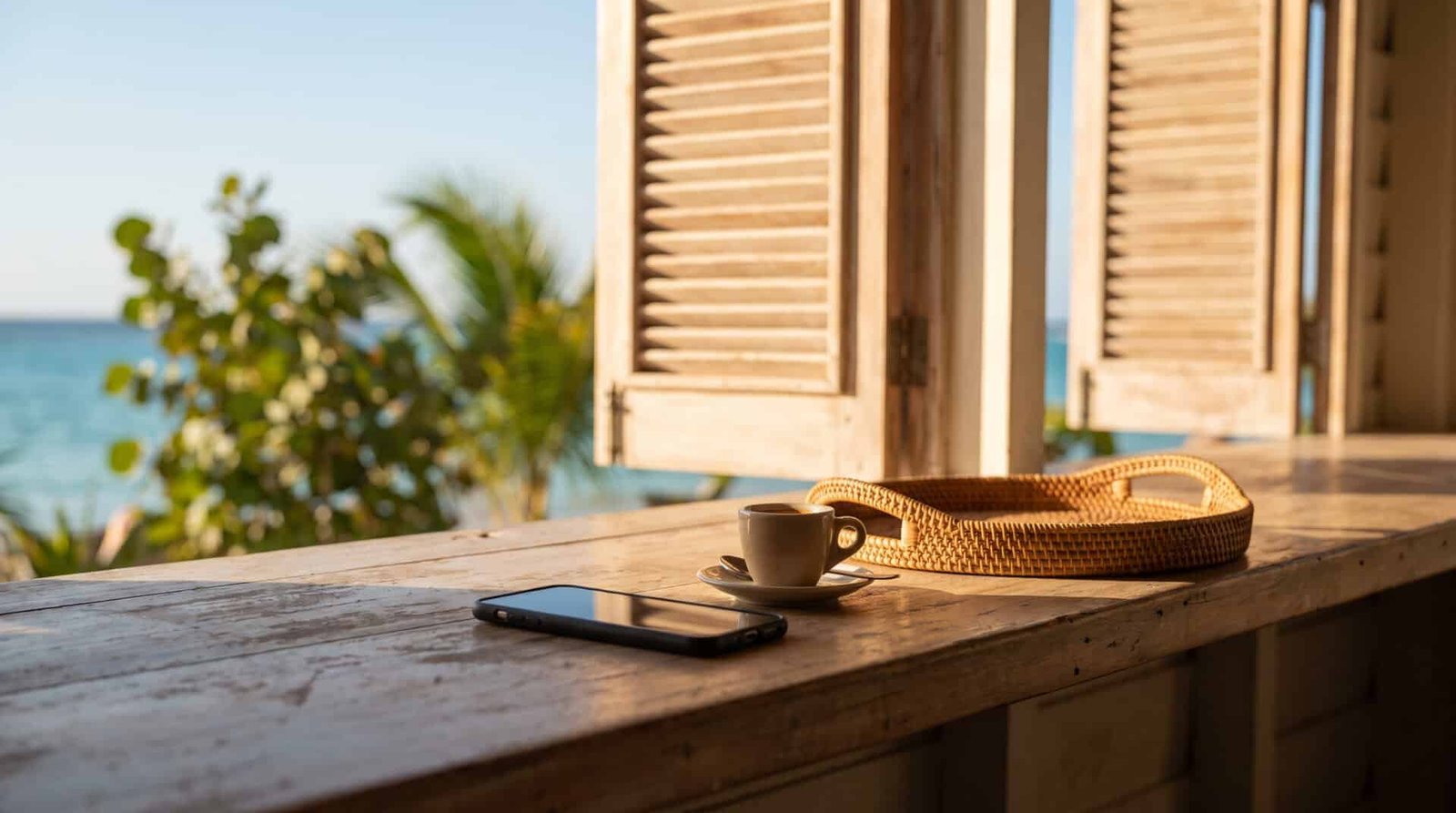 Comptoir en bois d'un restaurant de bord de mer aux Antilles, smartphone posé près d'une tasse de café devant des volets à persiennes ouverts
