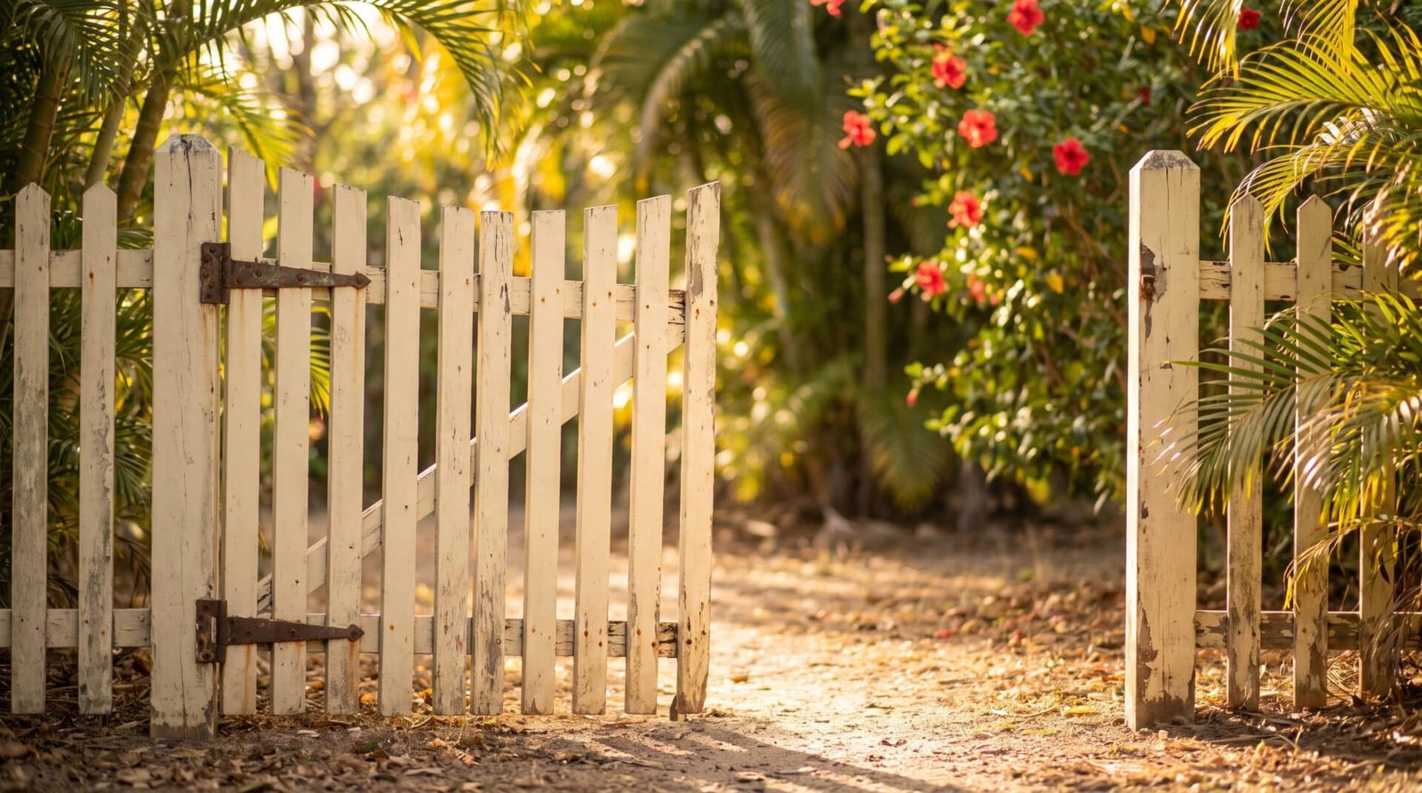 Portillon en bois clair entrouvert sur un chemin de jardin tropical