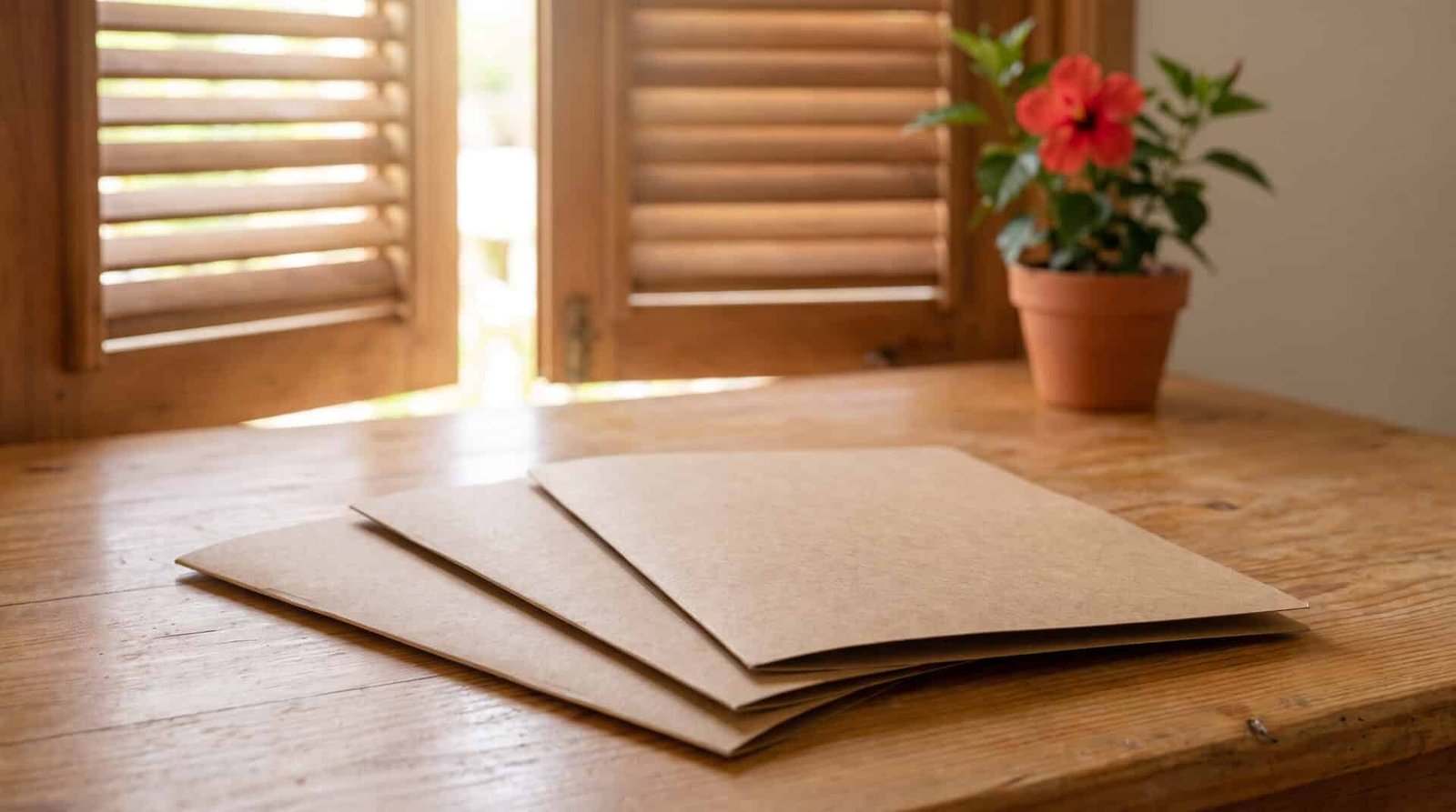 Aides à la numérisation en Guadeloupe, Martinique, Guyane 1 Trois chemises kraft en éventail sur un bureau en bois, devant des persiennes ouvertes et un hibiscus en pot