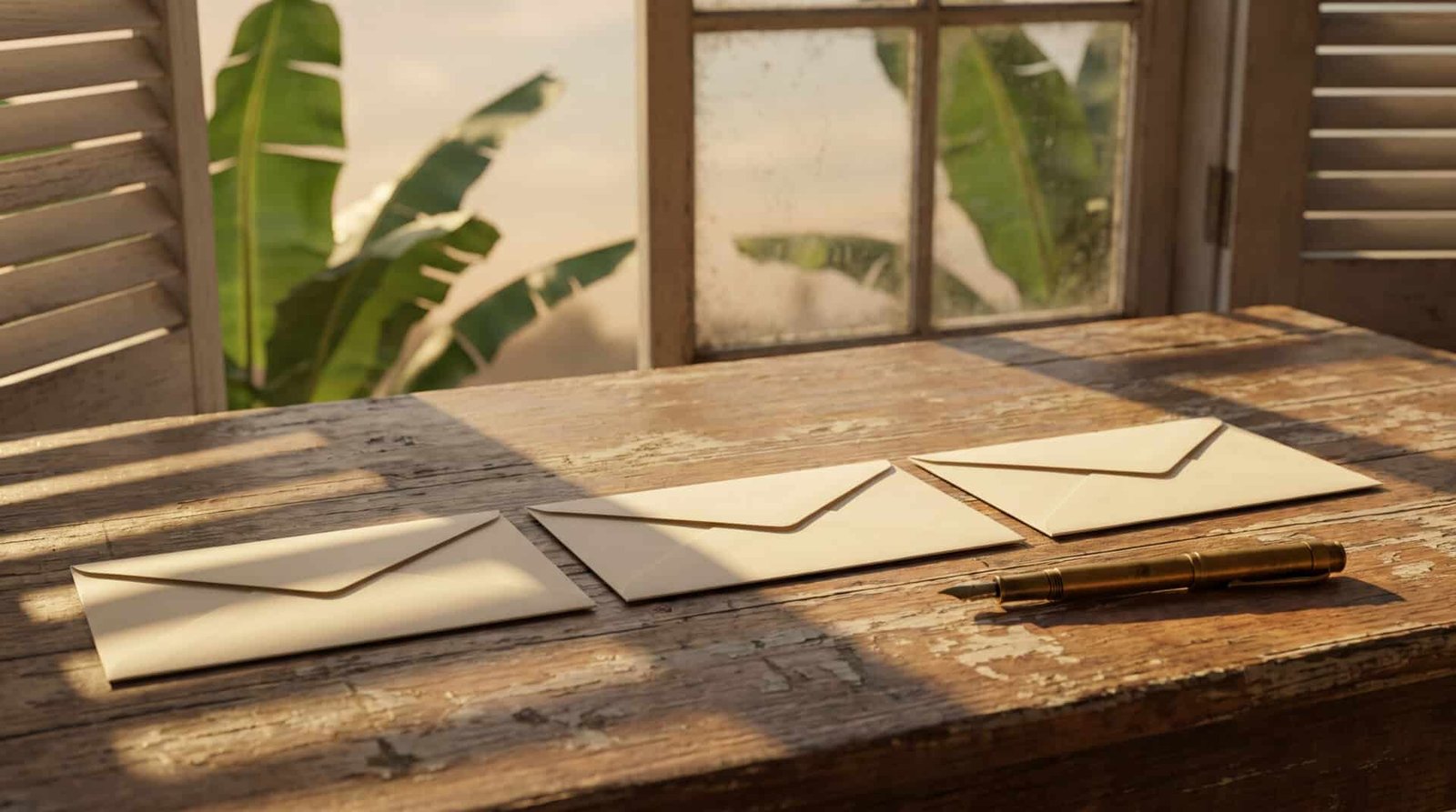 Aides à la numérisation en Guadeloupe, Martinique, Guyane 3 Trois enveloppes crème alignées sur une table en bois près d'un stylo plume, ombres de persiennes