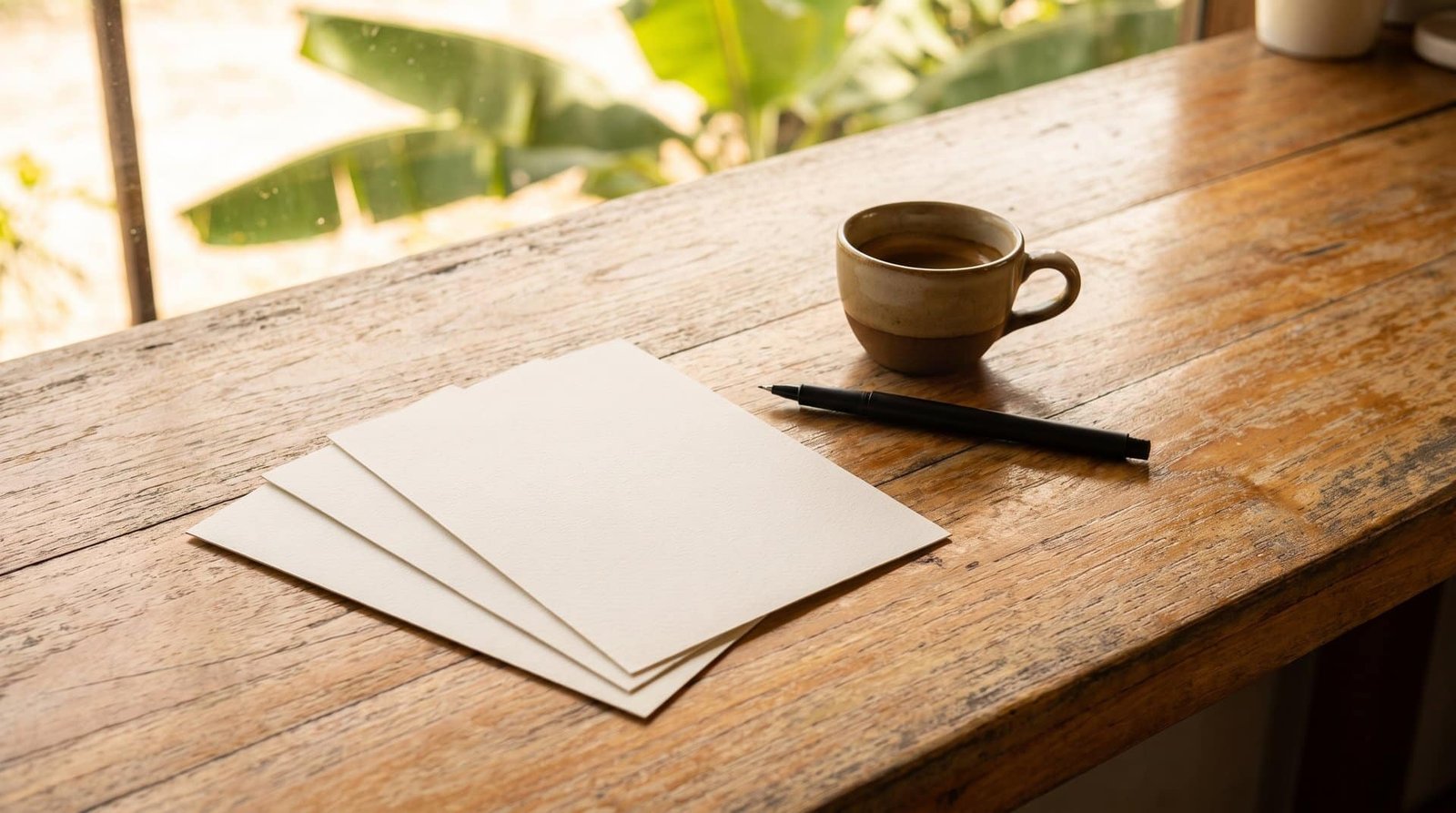 Trois feuilles de papier posées côte à côte sur un comptoir en bois, avec un stylo et une tasse de café en lumière chaude