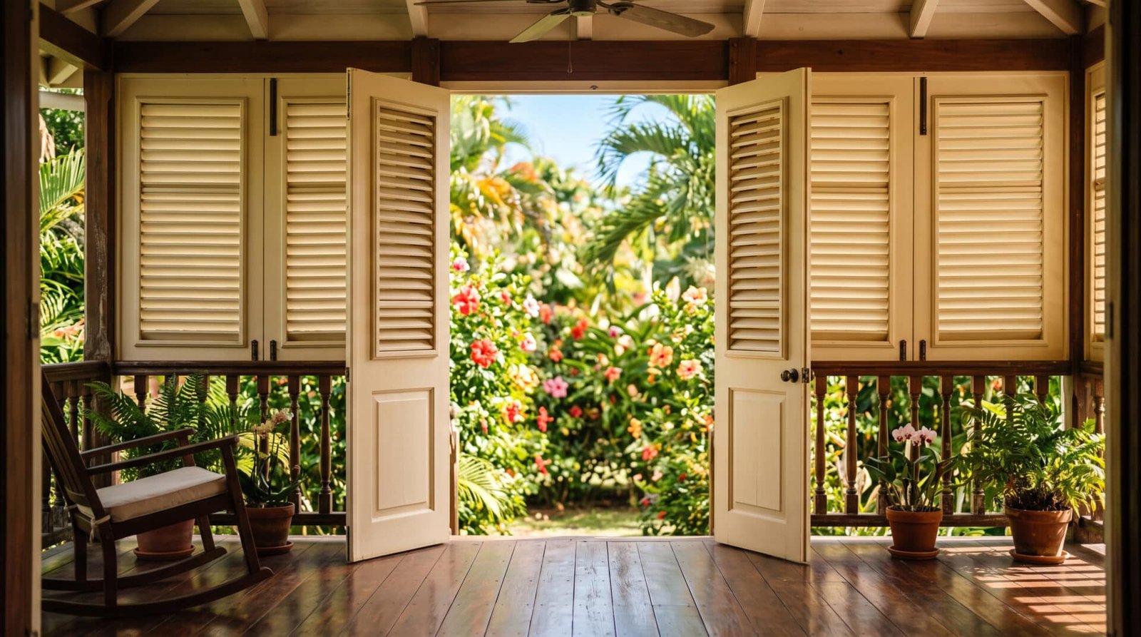 Véranda créole aux portes persiennes grandes ouvertes sur un jardin tropical fleuri